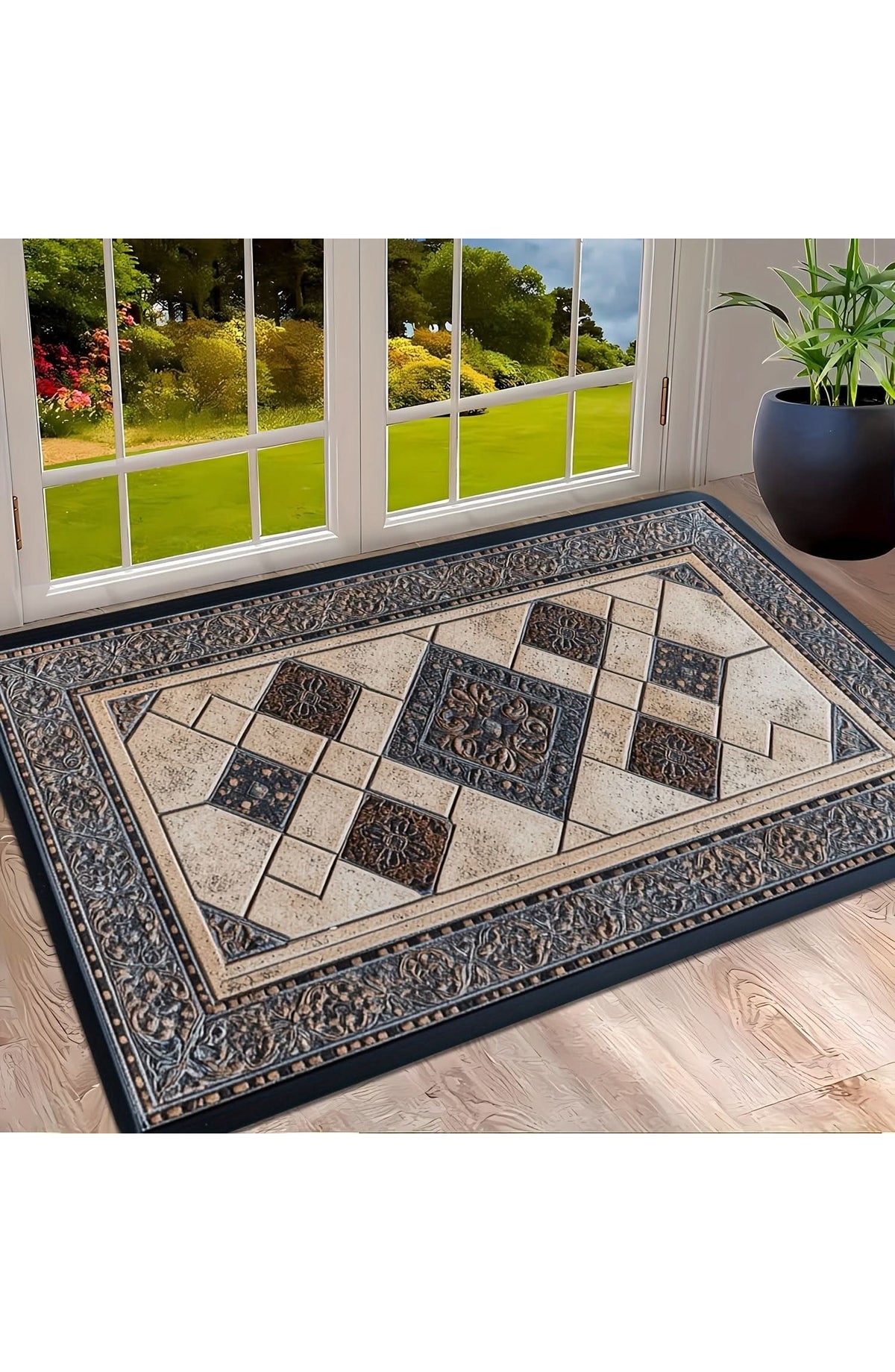 Machine Washable Door Mat with Geometric Border