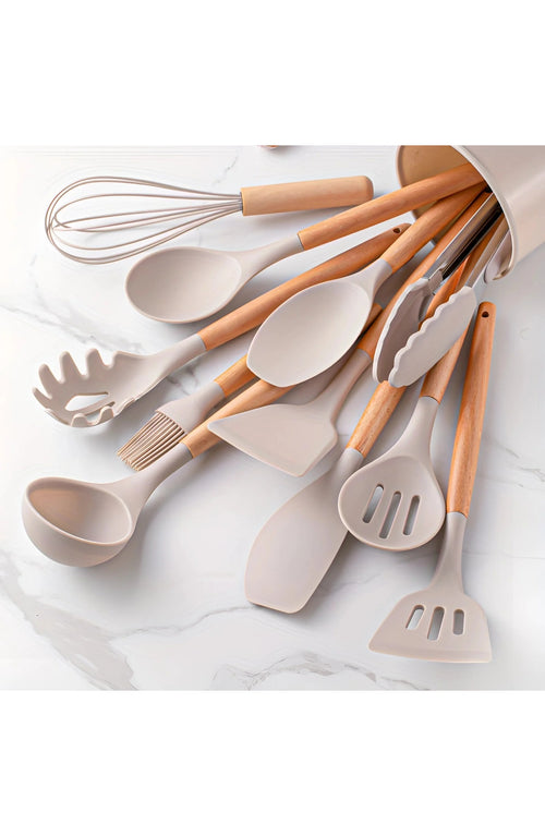 12 Piece Silicone Utensil Set with Bamboo Handles