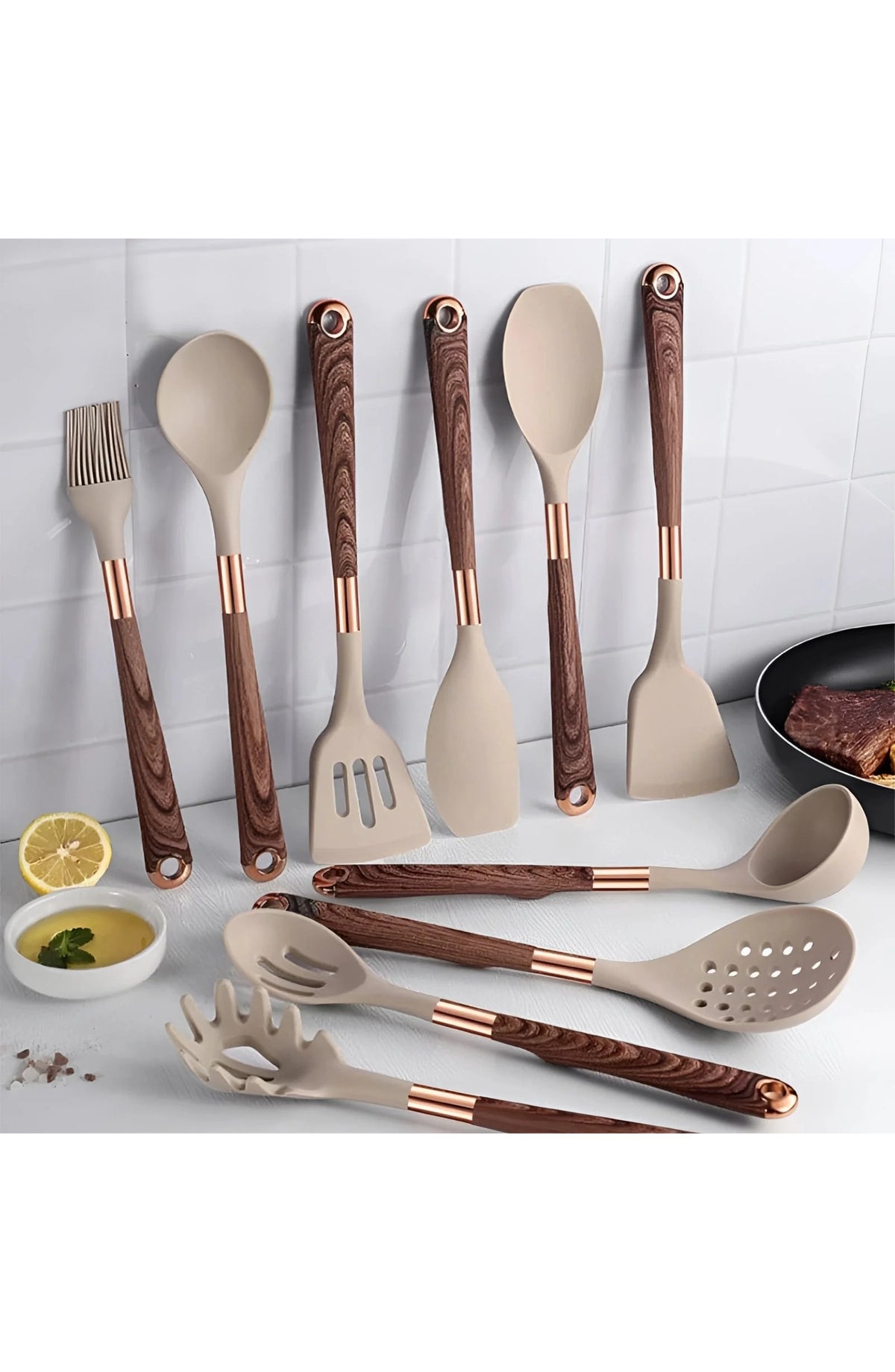 Silicone Utensil Set with Wood and Copper Handles