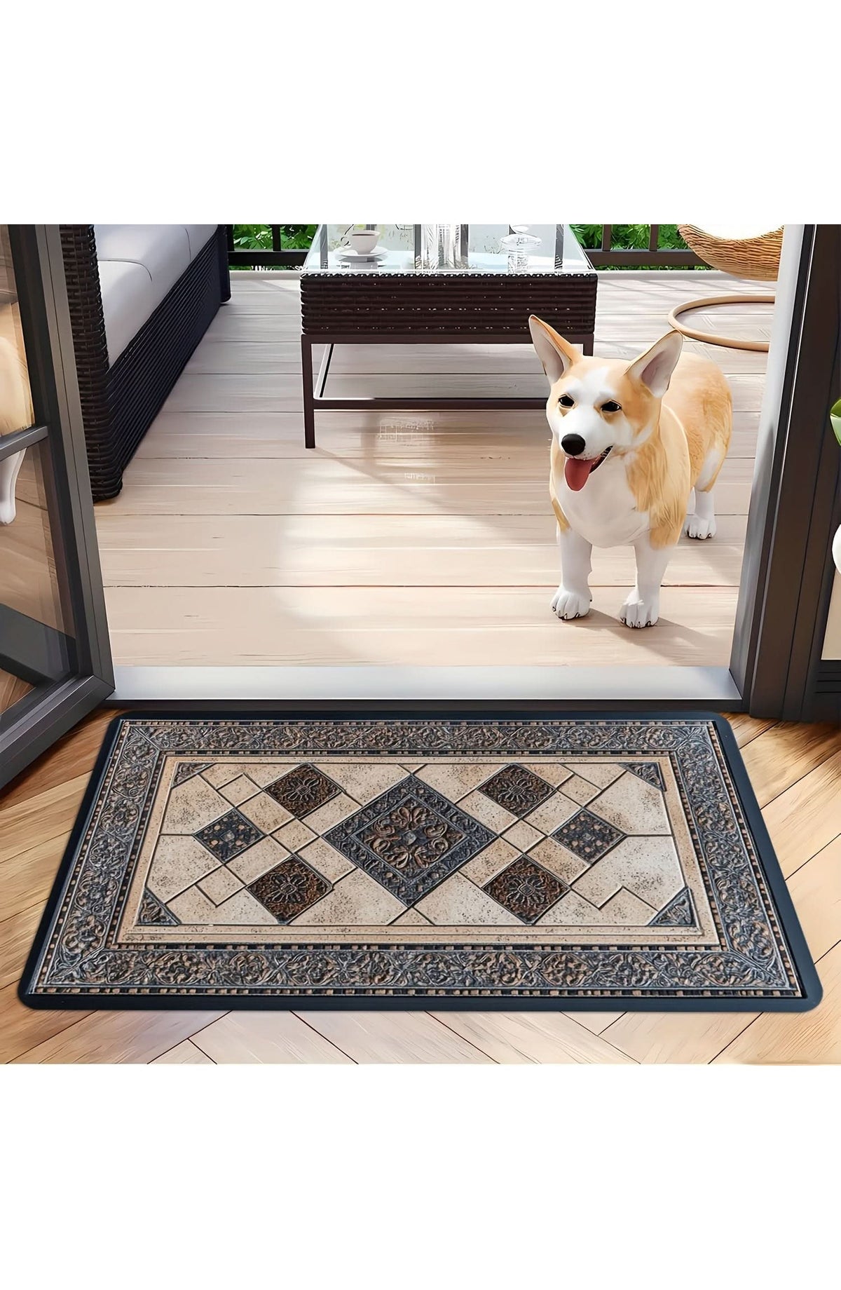 Machine Washable Door Mat with Geometric Border