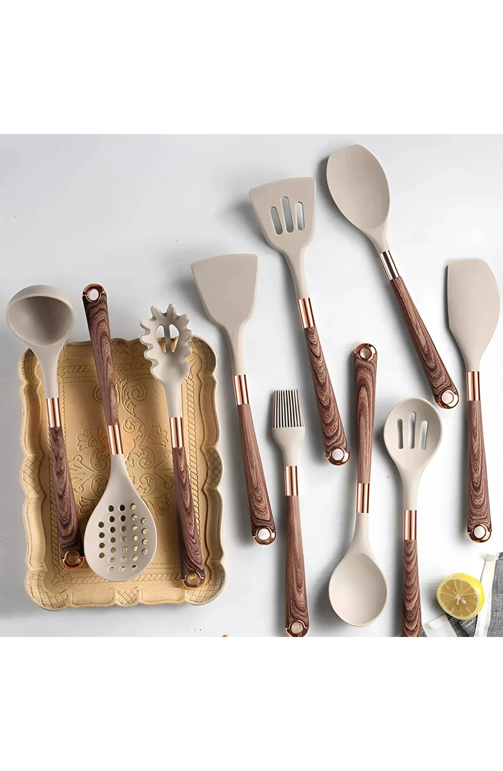 Silicone Utensil Set with Wood and Copper Handles