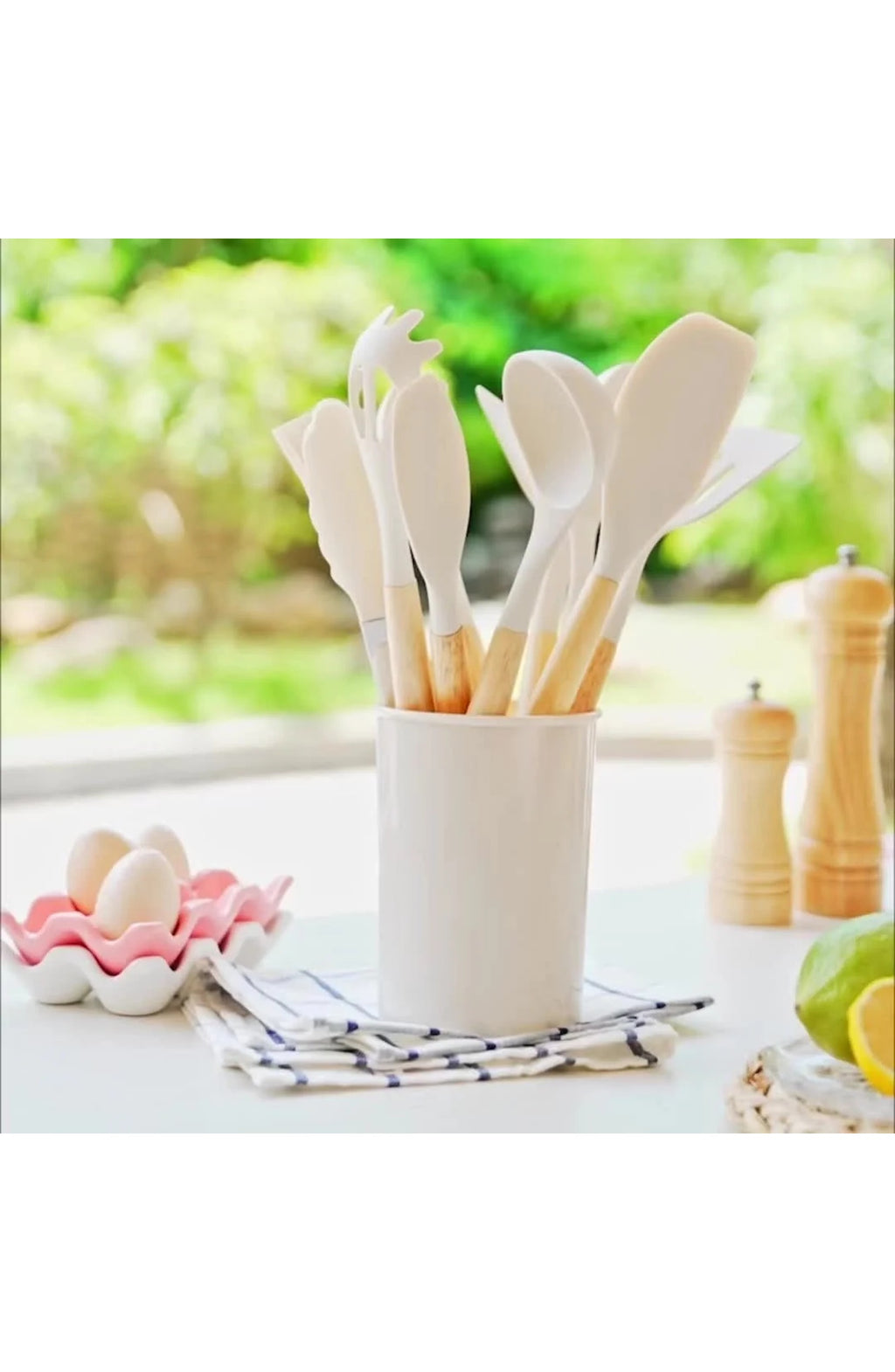 12 Piece Silicone Utensil Set with Bamboo Handles