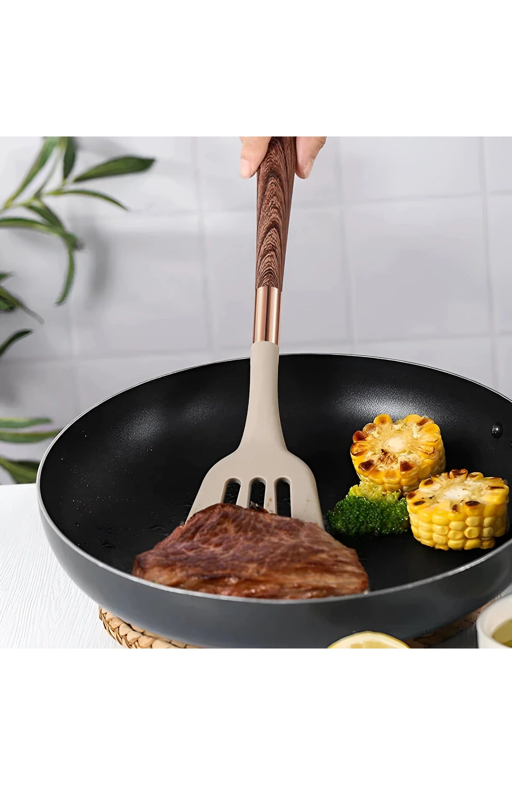 Silicone Utensil Set with Wood and Copper Handles