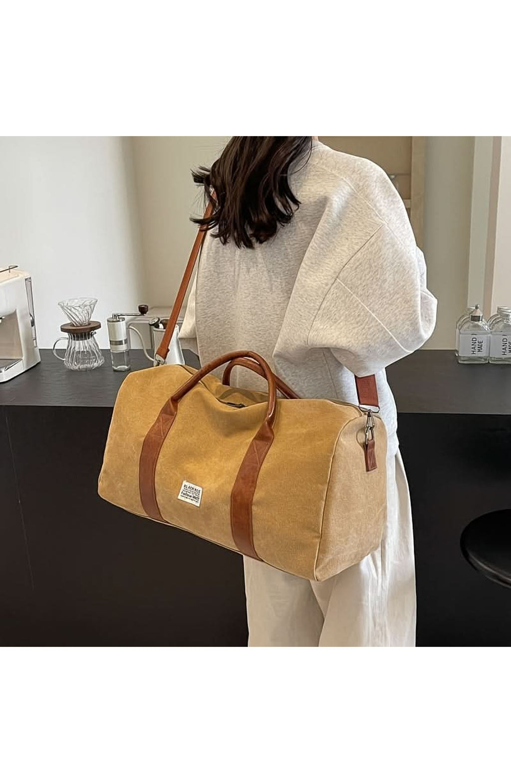 Washed Canvas Duffel Bag with Leather-Look Handles