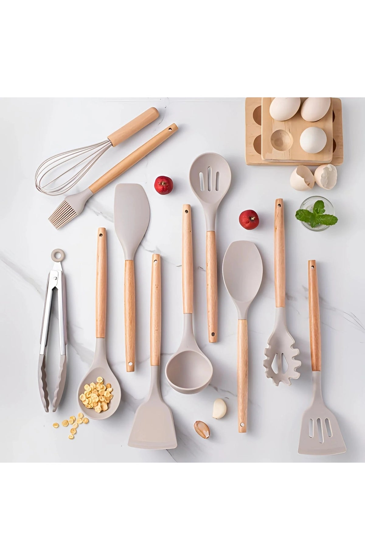 12 Piece Silicone Utensil Set with Bamboo Handles