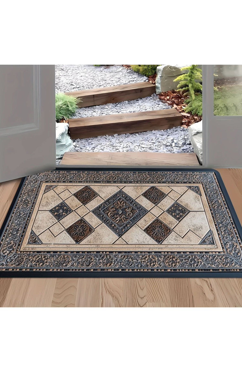 Machine Washable Door Mat with Geometric Border