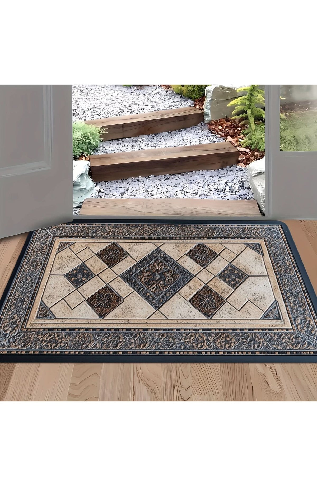 Machine Washable Door Mat with Geometric Border