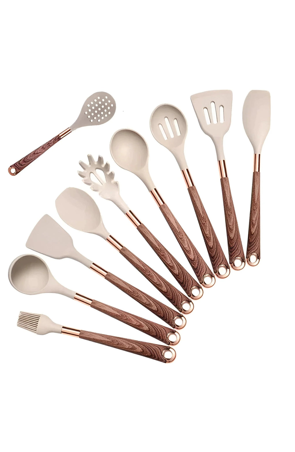 Silicone Utensil Set with Wood and Copper Handles