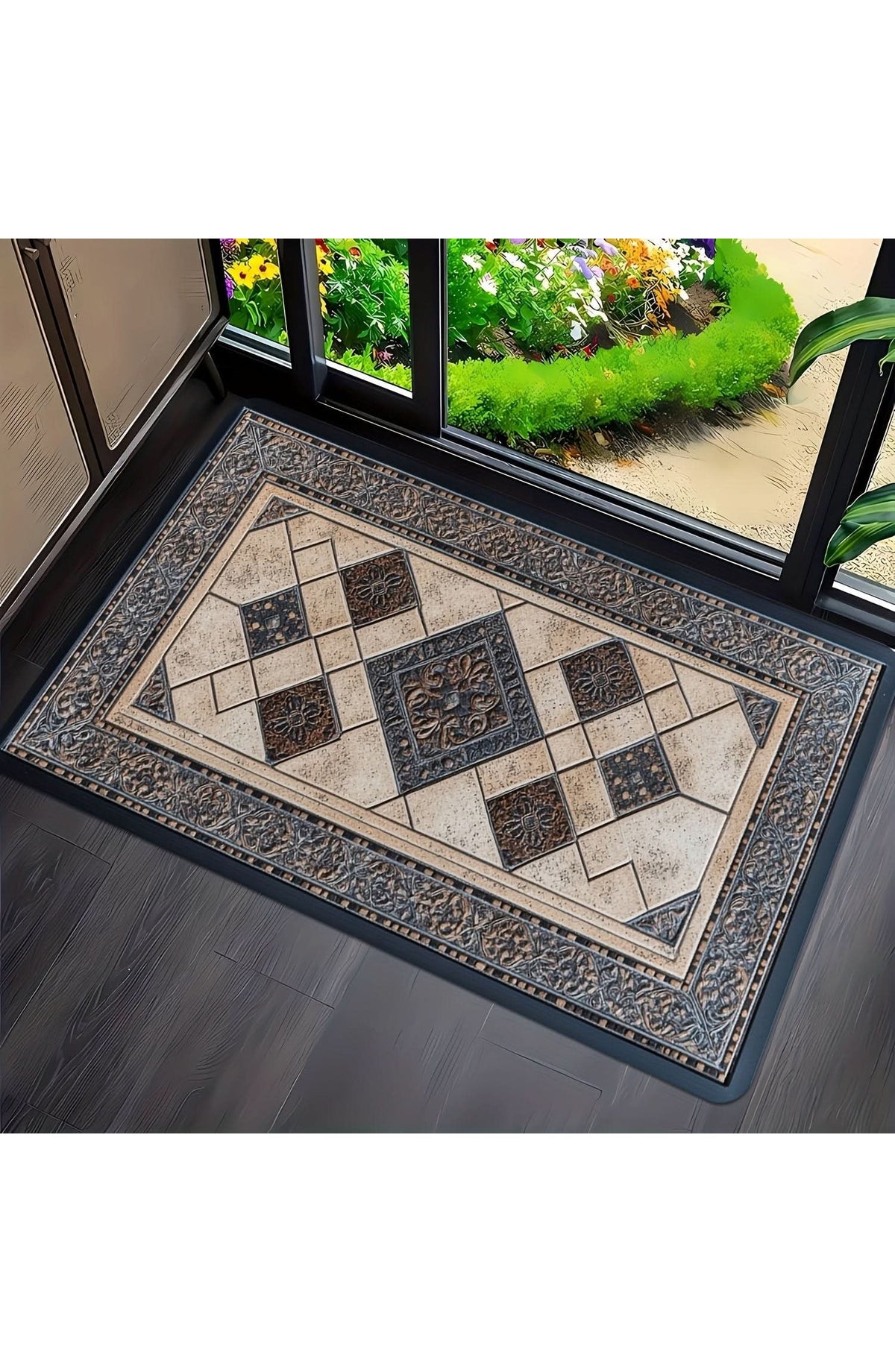 Machine Washable Door Mat with Geometric Border