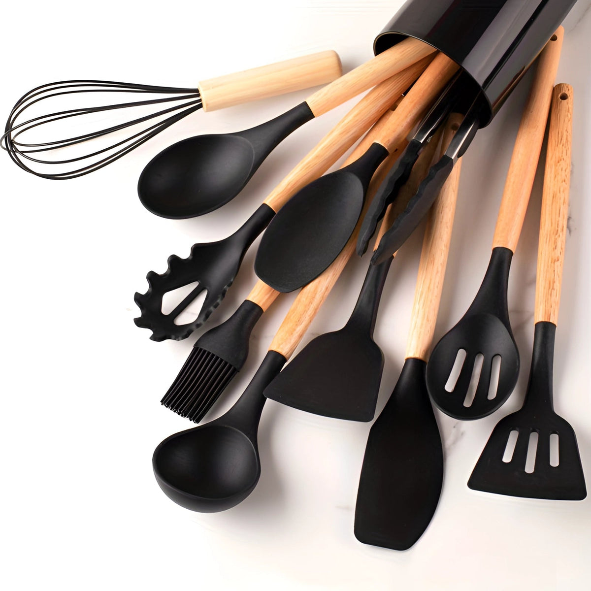 12 Piece Silicone Utensil Set with Bamboo Handles