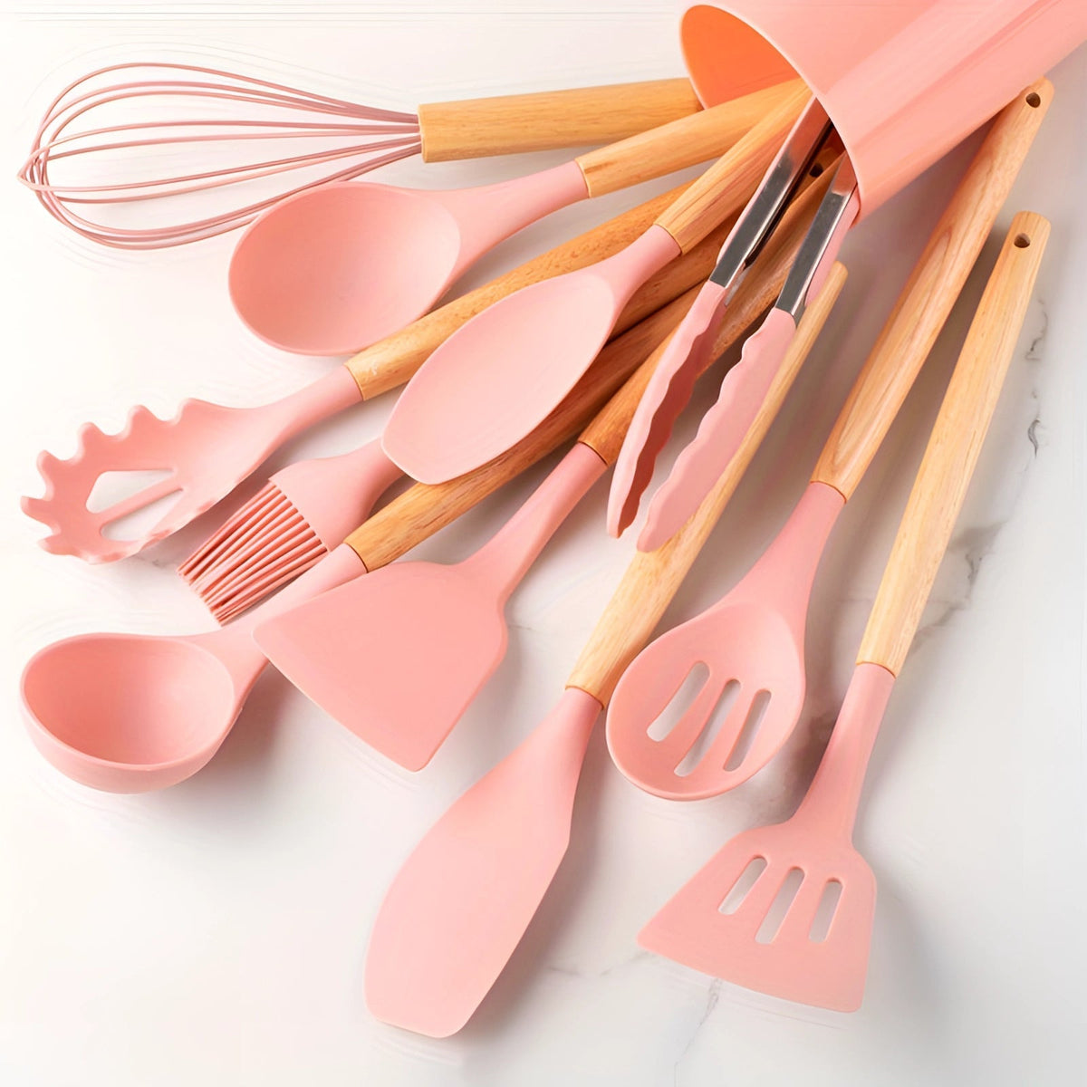 12 Piece Silicone Utensil Set with Bamboo Handles