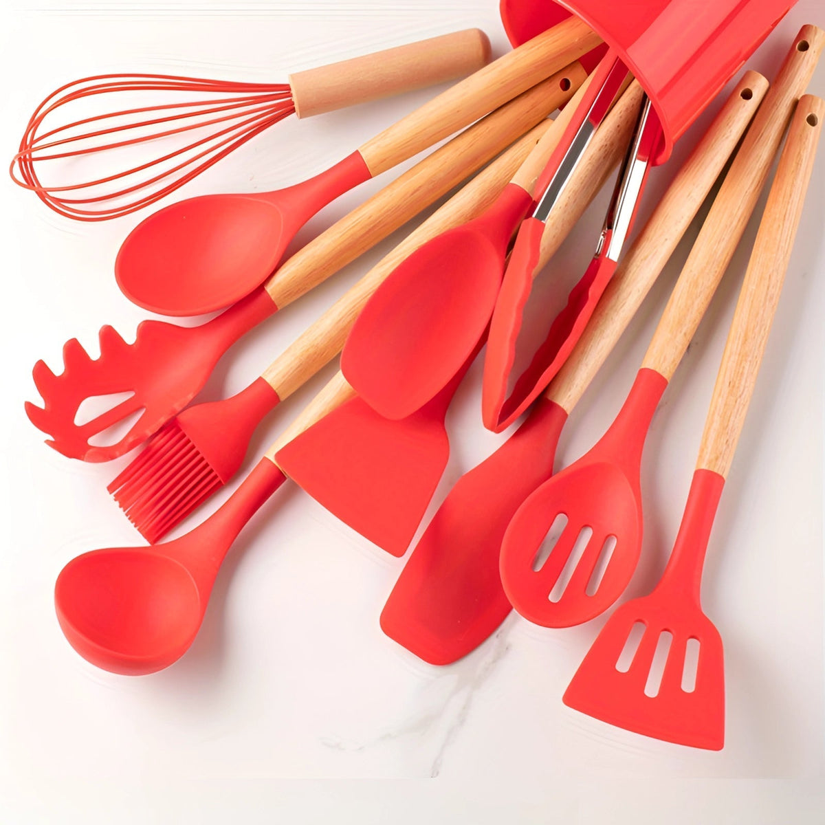 12 Piece Silicone Utensil Set with Bamboo Handles