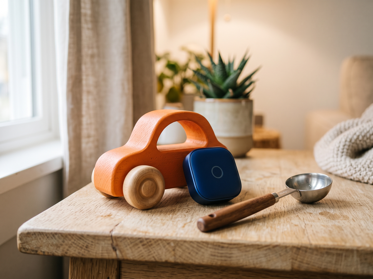 A wooden toy car, a smart home button and a measuring spoon on a kitchen table