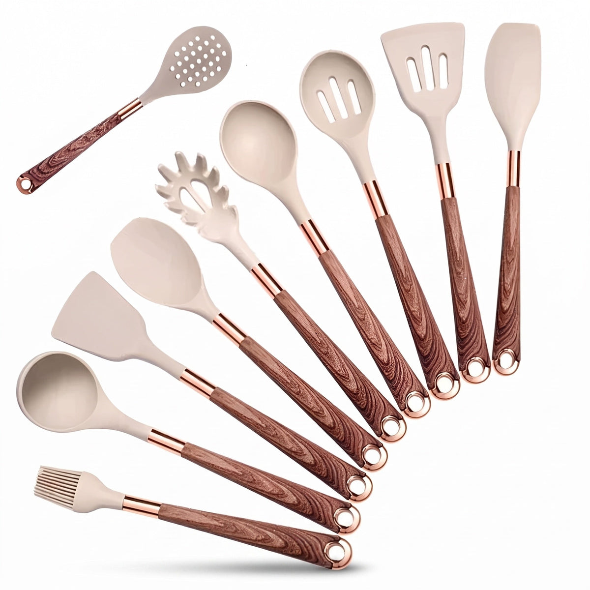 Silicone Utensil Set with Wood and Copper Handles