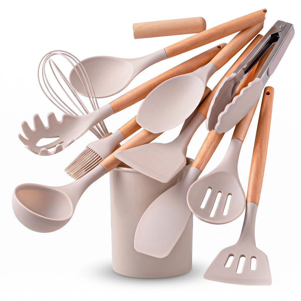 12 Piece Silicone Utensil Set with Bamboo Handles