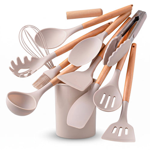 12 Piece Silicone Utensil Set with Bamboo Handles