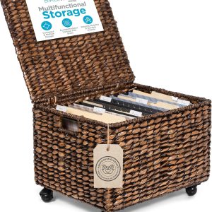BIRDROCK HOME Rolling File Cabinet with Lid | Small Wooden Under Desk Organizer | Seagrass Basket with Wheels | Portable Home Office Filing System – Mini Decorative Box, Single Drawer, Brown Wash
