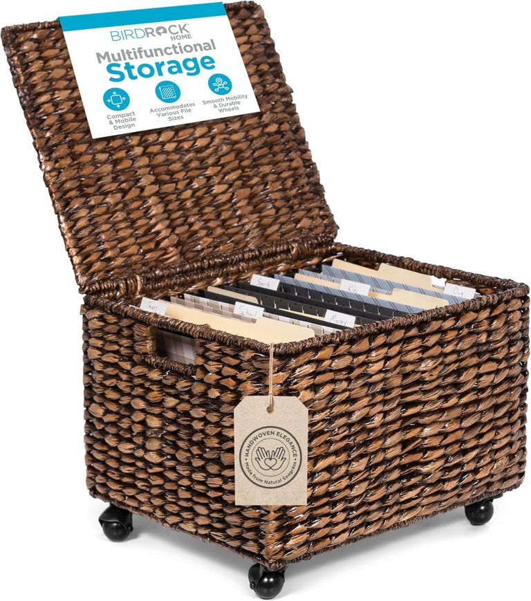 BIRDROCK HOME Rolling File Cabinet with Lid | Small Wooden Under Desk Organizer | Seagrass Basket with Wheels | Portable Home Office Filing System – Mini Decorative Box, Single Drawer, Brown Wash
