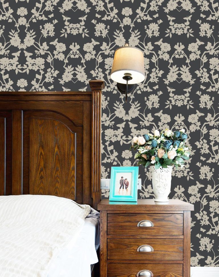 Vintage Wallpaper Peel and Stick 17.7in x 9.84ft Floral Wallpaper Charcoal Black Wallpaper Modern Wallpaper Damask wallpaper Cream wallpaper for Bedroom Stick on Wallpaper Contact Paper Wall Decor