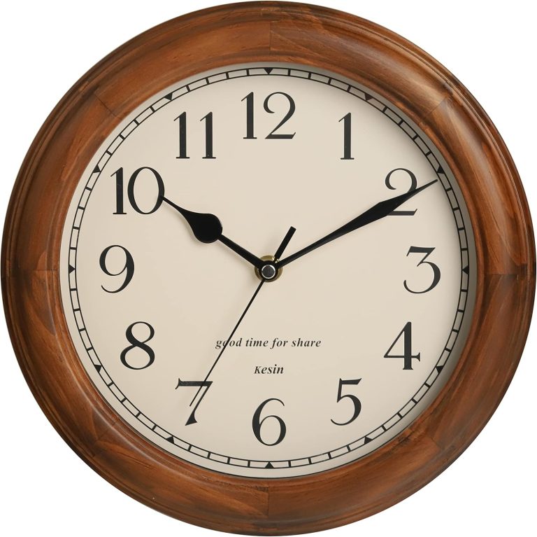 Wooden Wall Clock with Retro Design, 11 Inches Round Wall Clock Battery Operated Silent Non-Ticking, Big Arabic Numerals, for Kitchen Living Room Classroom Gym and Pool, Brown
